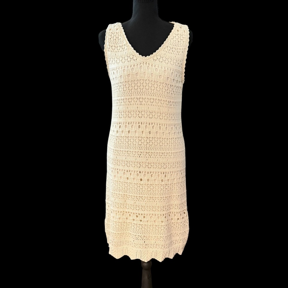 Boho Crochet Knit Dress Size M Open Back Cream Beach Coverup